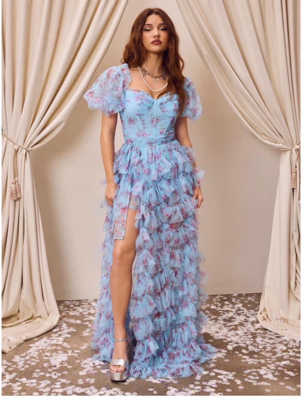 NWT Mesh Sweetheart Floral Corset Detachable 2PC Layered Dress L
